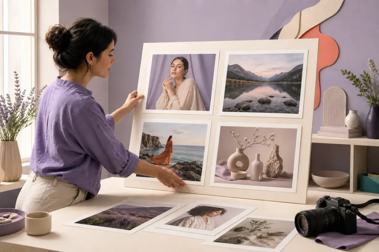 Brand strategist and marketing team reviewing advertising campaign moodboard