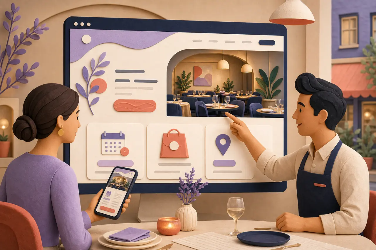 Restaurant team reviewing a website with reservations, takeaway, and location actions