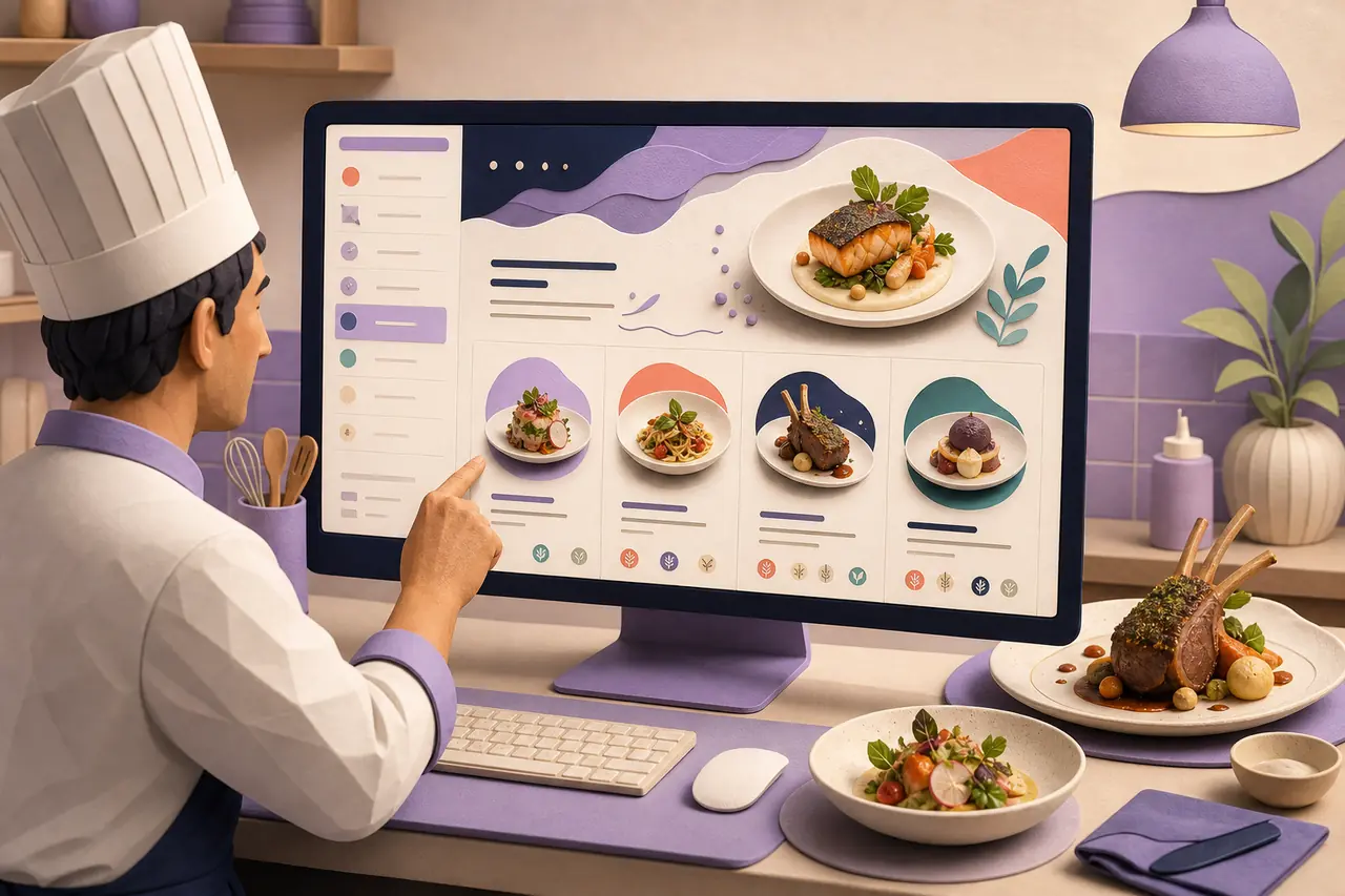 Chef editing a restaurant menu website with dish cards and dietary icons