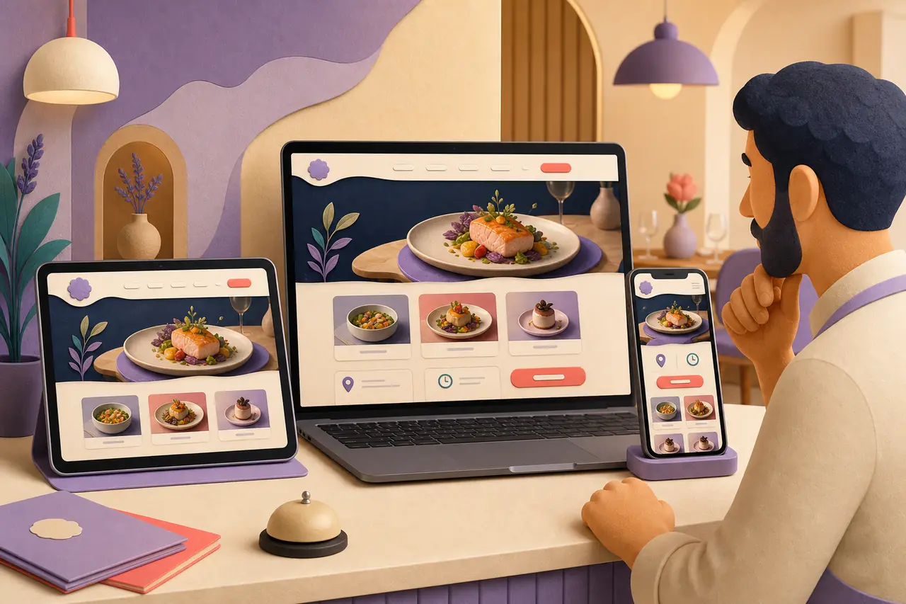 Restaurant owner reviewing a responsive restaurant website on laptop, tablet, and phone