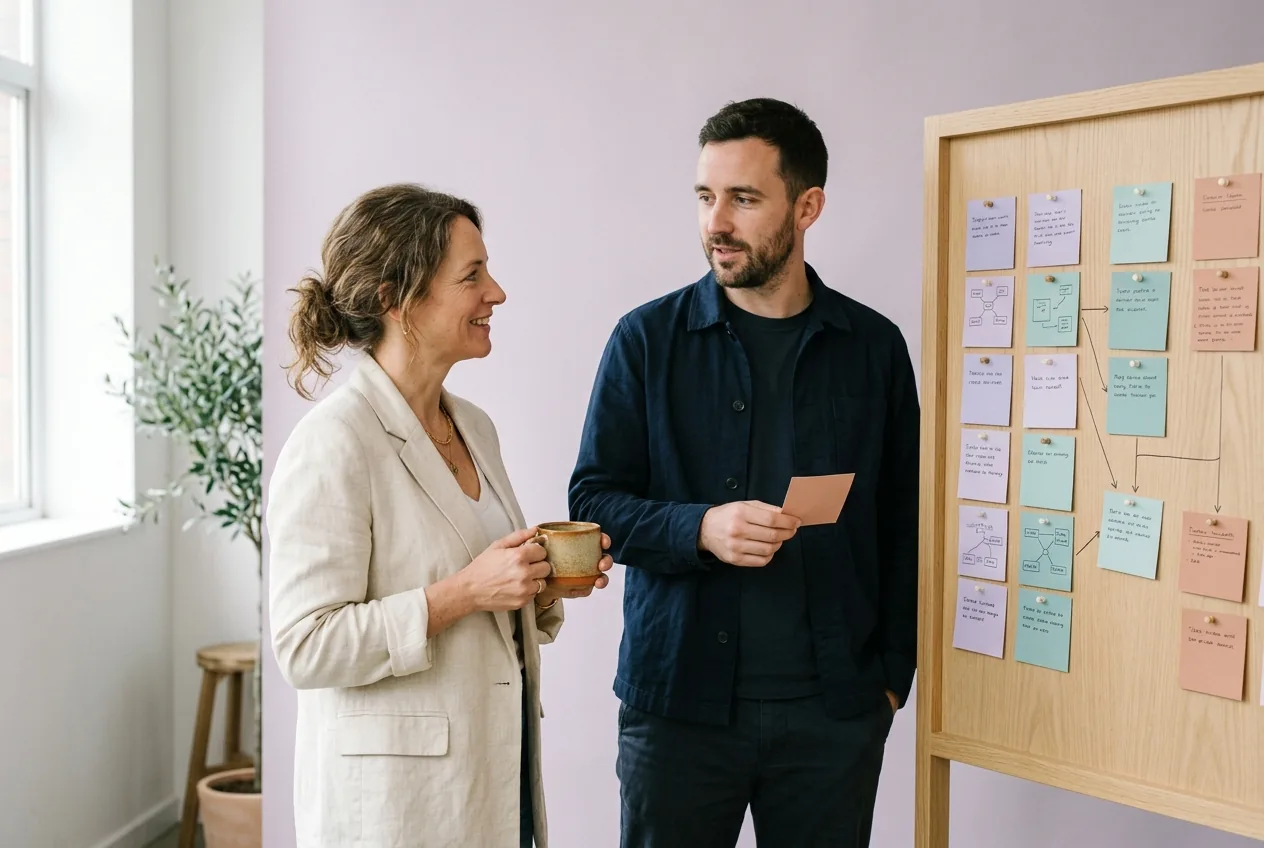 Operations team mapping departmental roles and prerequisite checklists on an easel