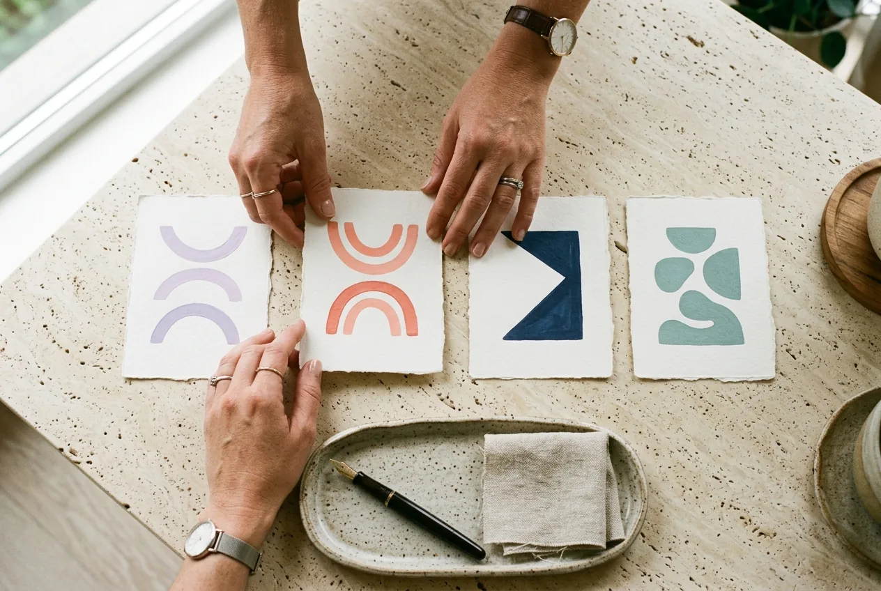 Process strategist organizing ordered workflow step cards on a studio table